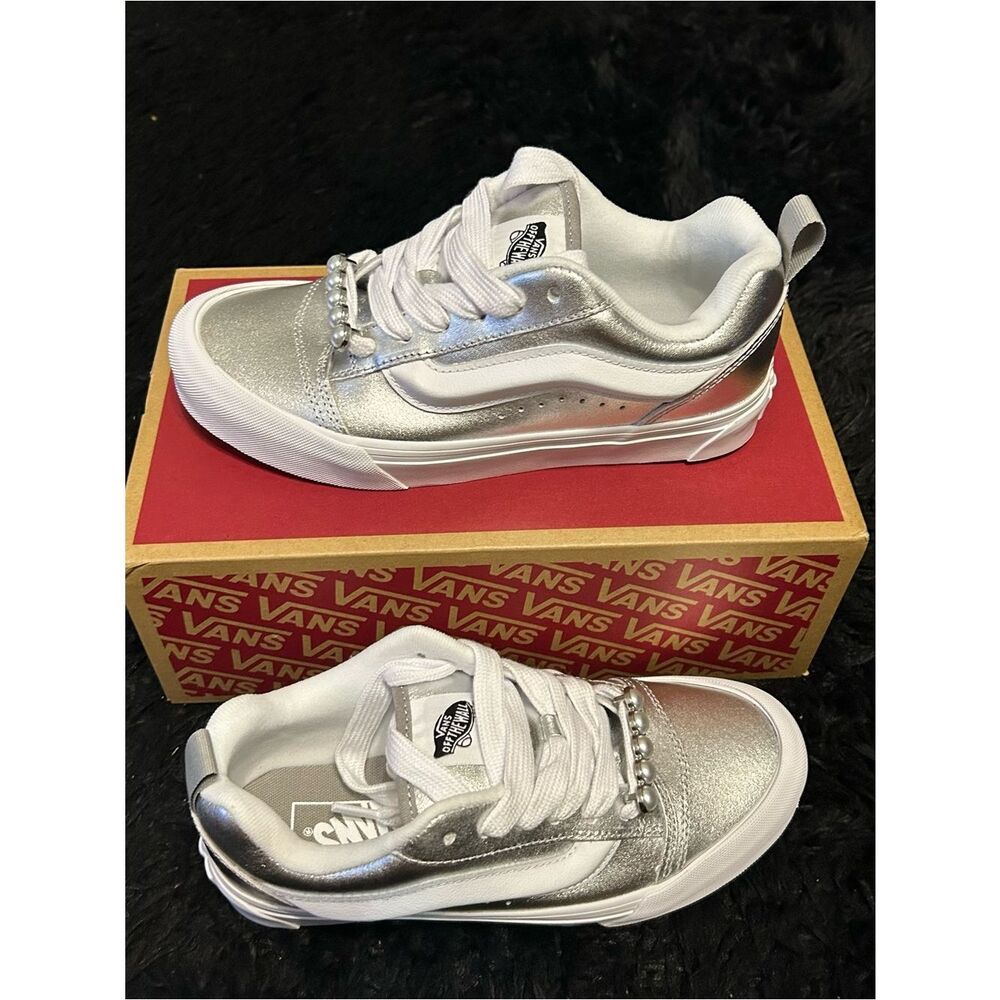 VANS knu skool metallic silver leather lace up shoes sneakers sz 7.5 new - Picture 7 of 7